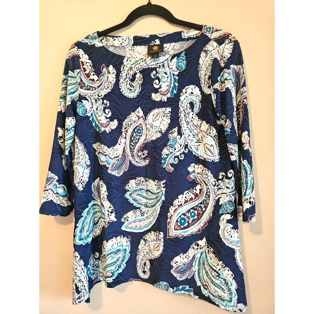 JM Collection Womens Plus Size P/S Black Paisley-Print 3/4 Sleeve Swing Top
